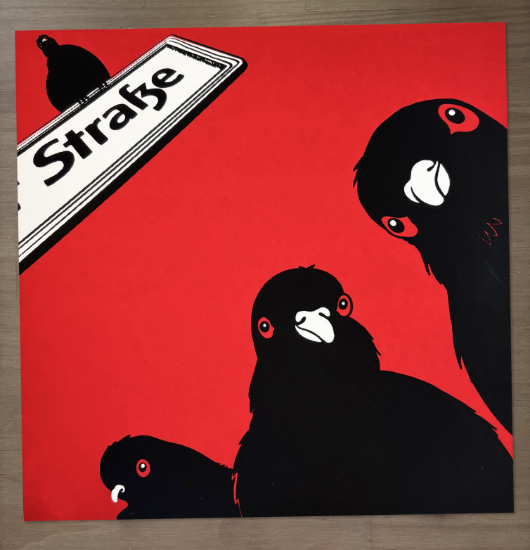 Red and black illustration showing a portion of a "Straße" shield from Berlin, a pigeon sitting on top of it and 3 more pigeons looking at the camera. The point of view is from street level, so that all the pigeins look curious and rather menaciusly downwards.